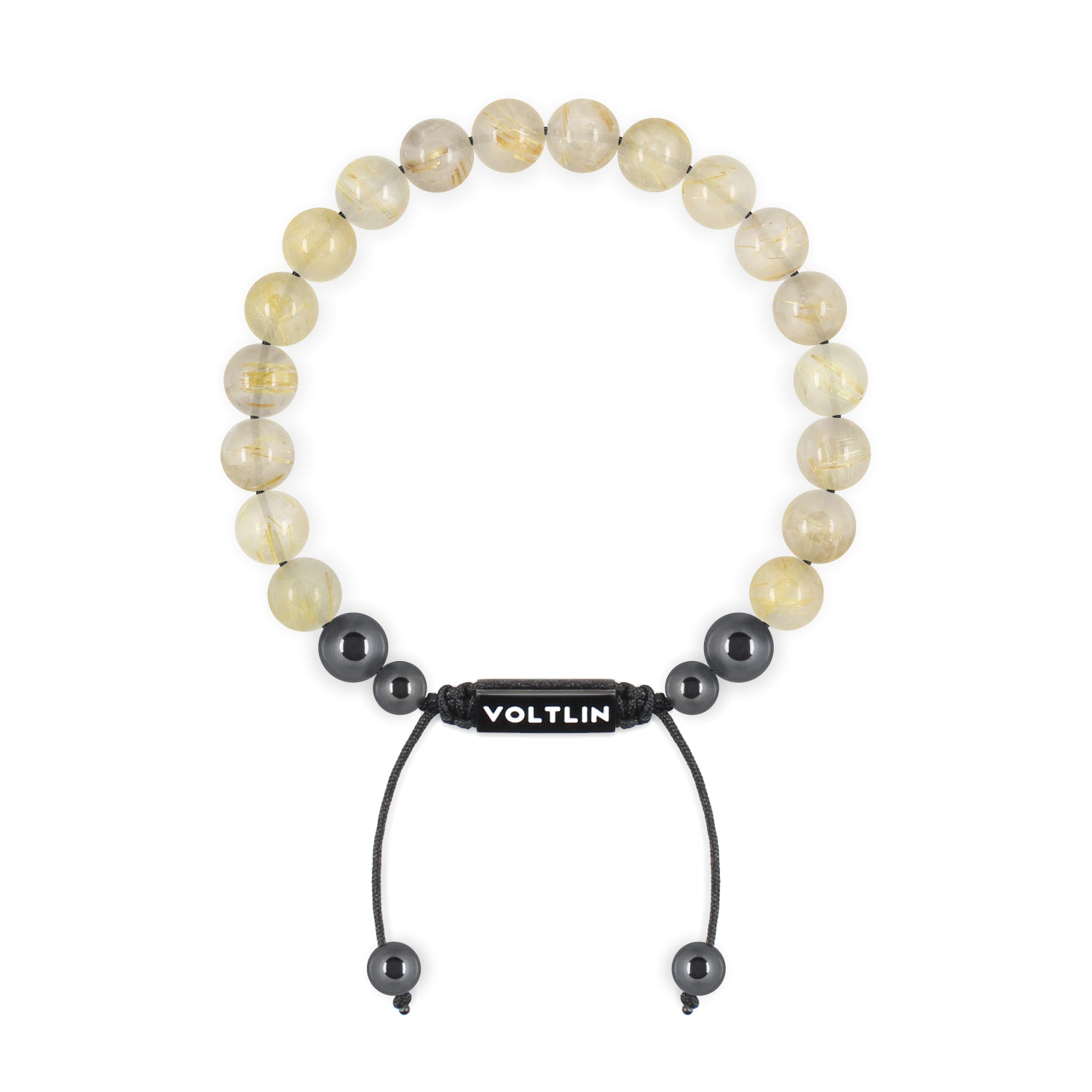 Top view of an 8mm Rutilated Quartz crystal beaded shamballa bracelet with black stainless steel logo bead made by Voltlin
