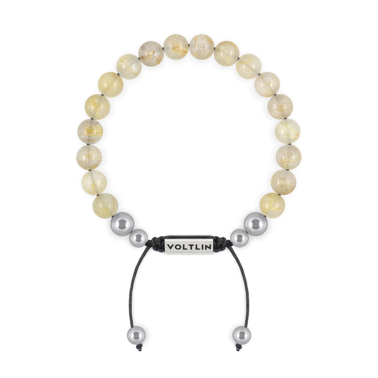 Top view of an 8mm Rutilated Quartz beaded shamballa bracelet with silver stainless steel logo bead made by Voltlin