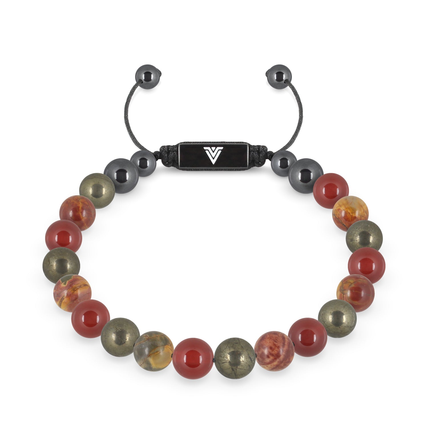 Front view of an 8mm Sacral Chakra crystal beaded shamballa bracelet with black stainless steel logo bead made by Voltlin
