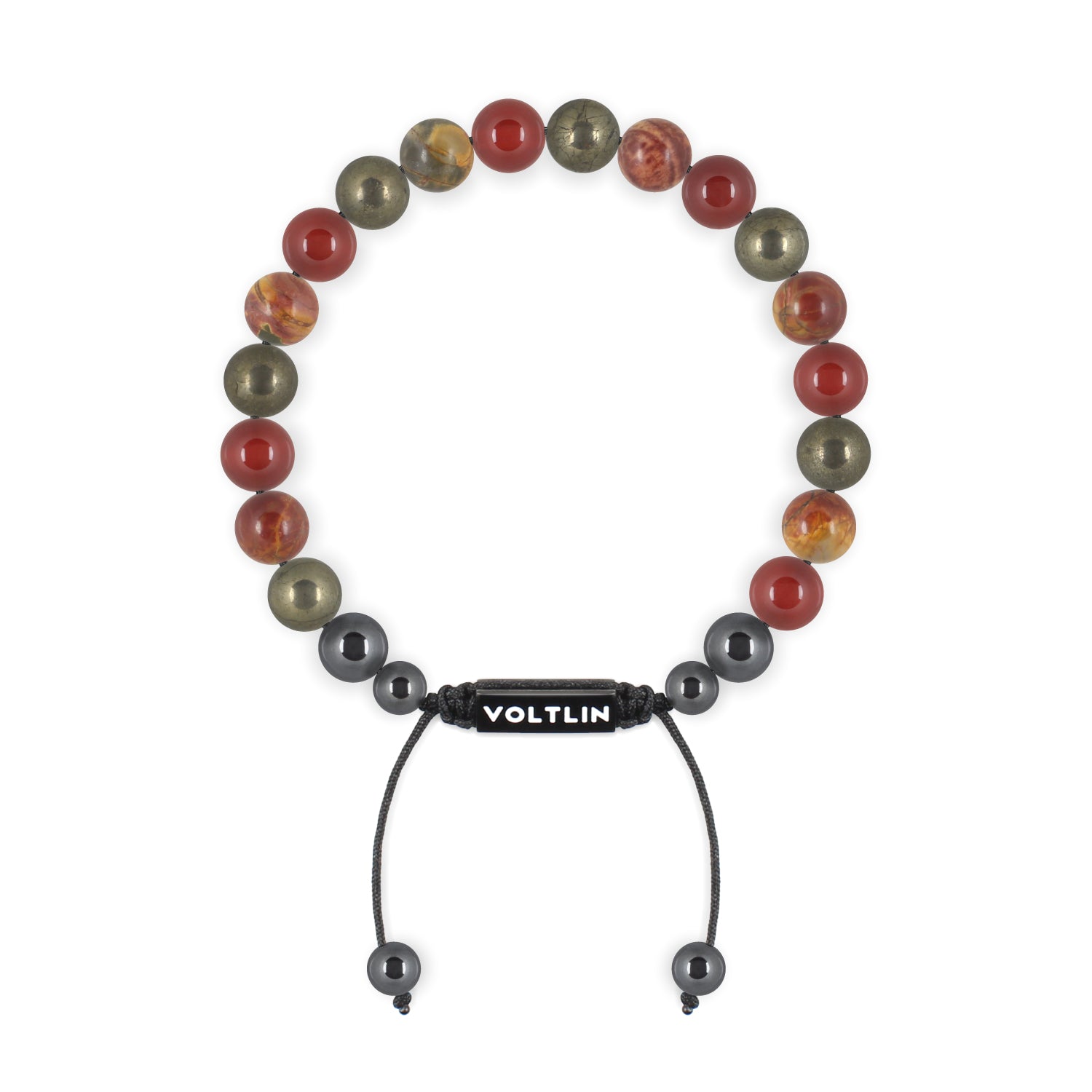 Front view of an 8mm Sacral Chakra crystal beaded shamballa bracelet with black stainless steel logo bead made by Voltlin