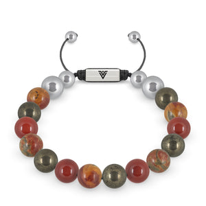 Front view of a 10mm Sacral Chakra beaded shamballa bracelet featuring Pyrite, Red Creek Jasper, Carnelian, & Red Goldstone crystal and silver stainless steel logo bead made by Voltlin