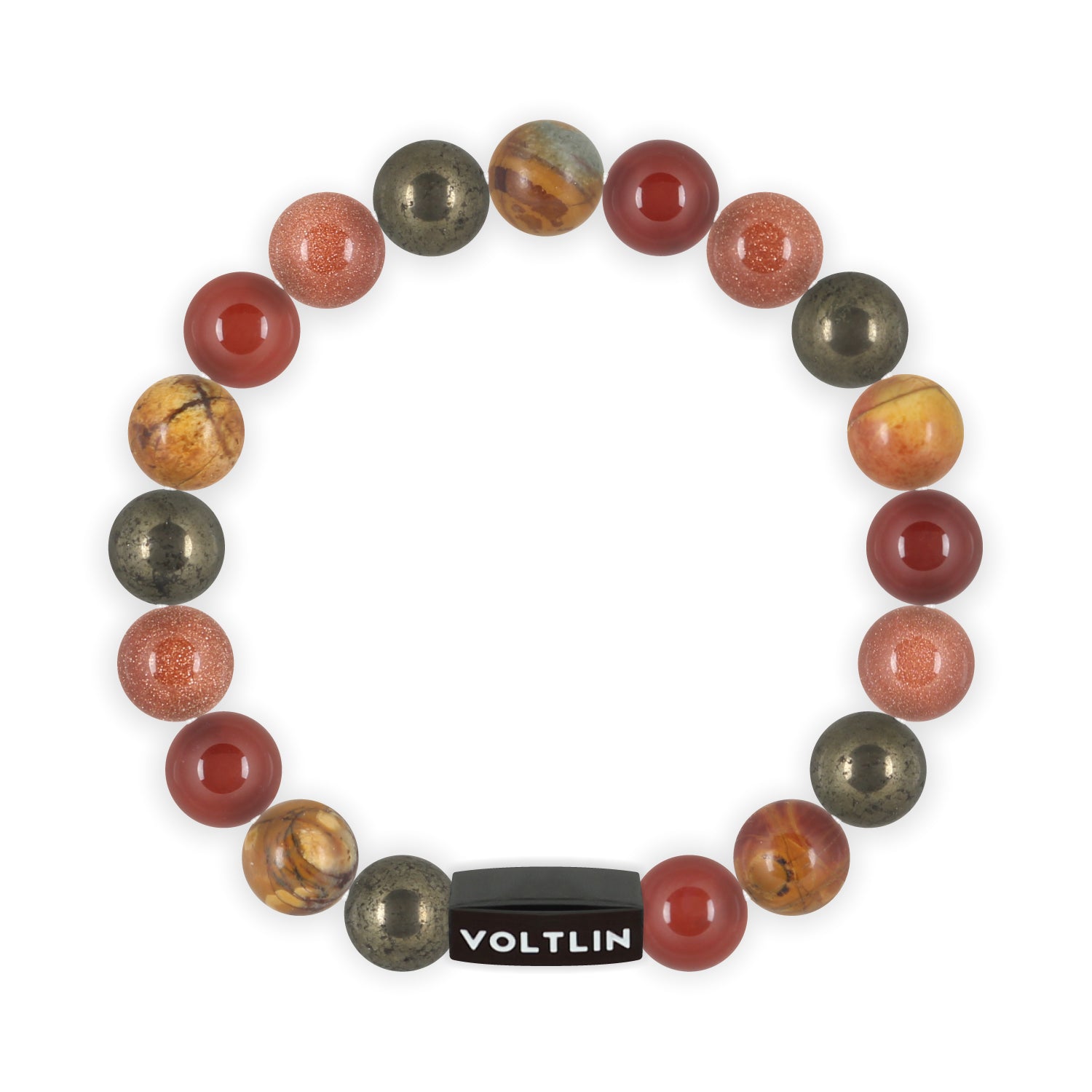 Top view of a 10mm Sacral Chakra crystal beaded stretch bracelet with black stainless steel logo bead made by Voltlin