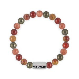 Top view of an 8mm Sacral Chakra beaded stretch bracelet featuring Pyrite, Red Creek Jasper, Carnelian, & Red Goldstone crystal and silver stainless steel logo bead made by Voltlin