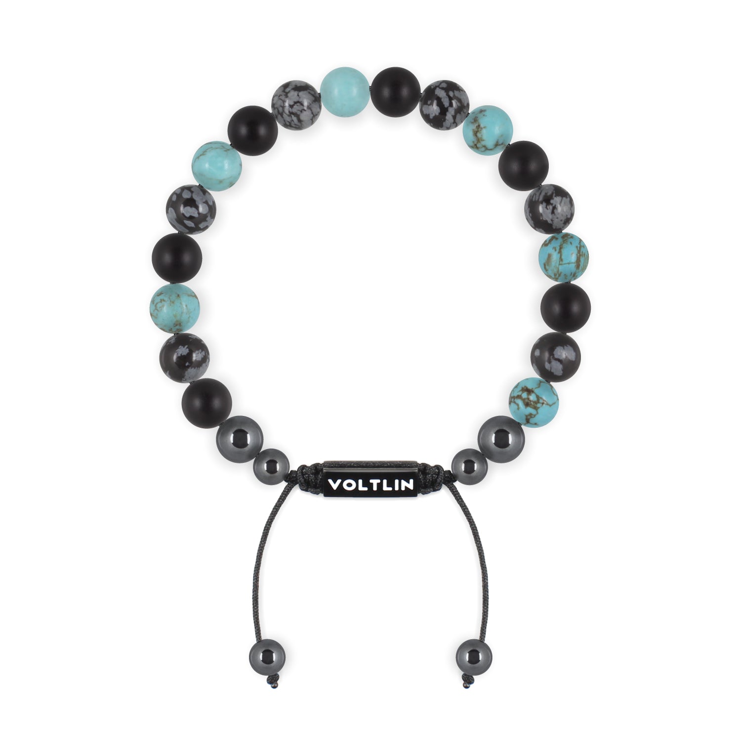 Front view of an 8mm Sagittarius Zodiac crystal beaded shamballa bracelet with black stainless steel logo bead made by Voltlin