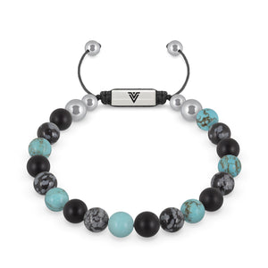 Front view of an 8mm Sagittarius Zodiac beaded shamballa bracelet featuring Matte Onyx, Snowflake Obsidian, & Turquoise crystal and silver stainless steel logo bead made by Voltlin