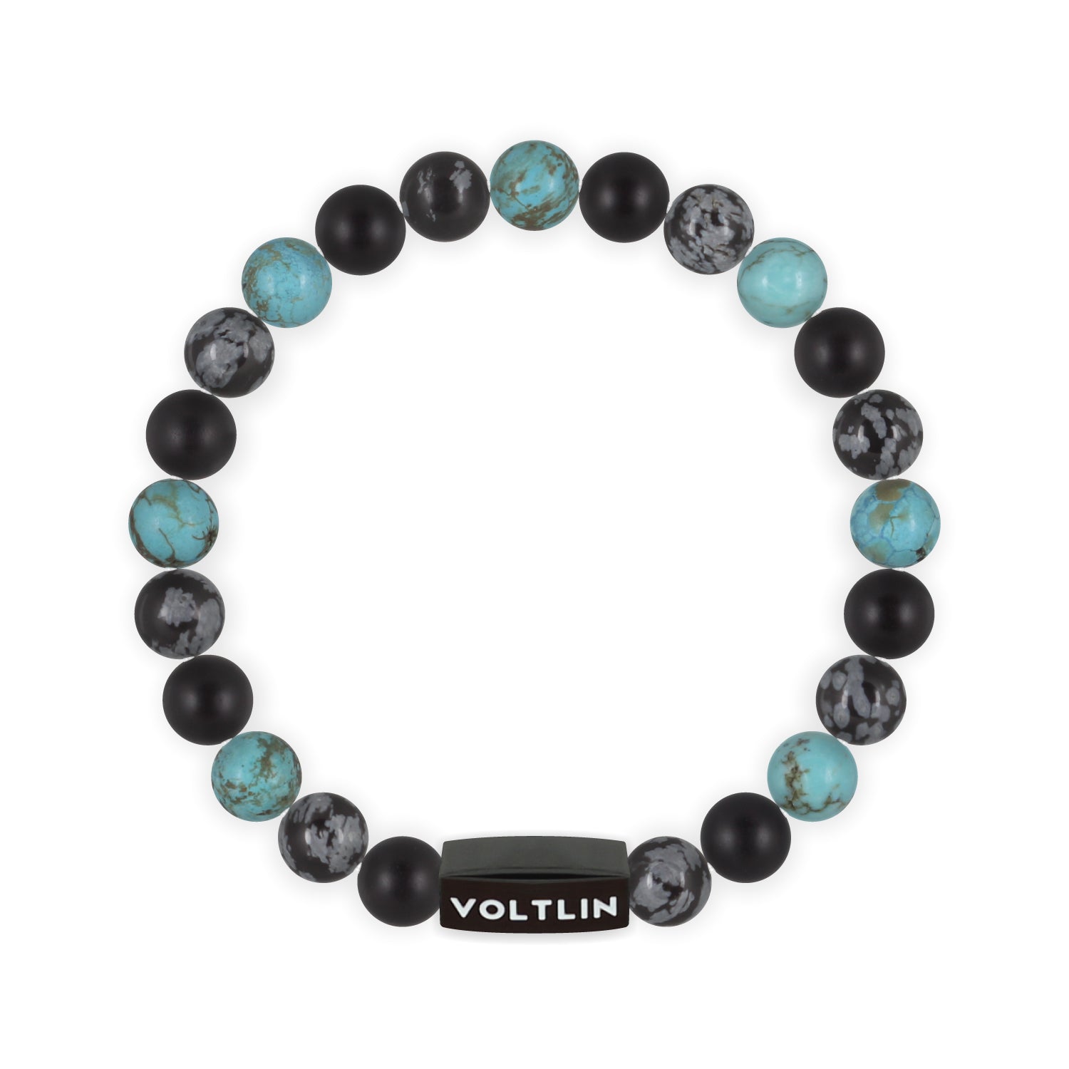 Front view of an 8mm Sagittarius Zodiac crystal beaded stretch bracelet with black stainless steel logo bead made by Voltlin