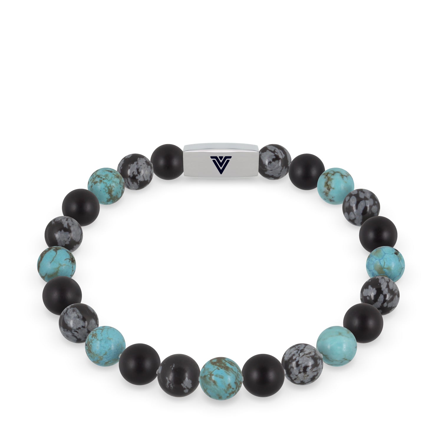 Front view of an 8mm Sagittarius Zodiac beaded stretch bracelet featuring Matte Onyx, Snowflake Obsidian, & Turquois crystal and silver stainless steel logo bead made by Voltlin