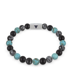 Front view of an 8mm Sagittarius Zodiac beaded stretch bracelet featuring Matte Onyx, Snowflake Obsidian, & Turquois crystal and silver stainless steel logo bead made by Voltlin