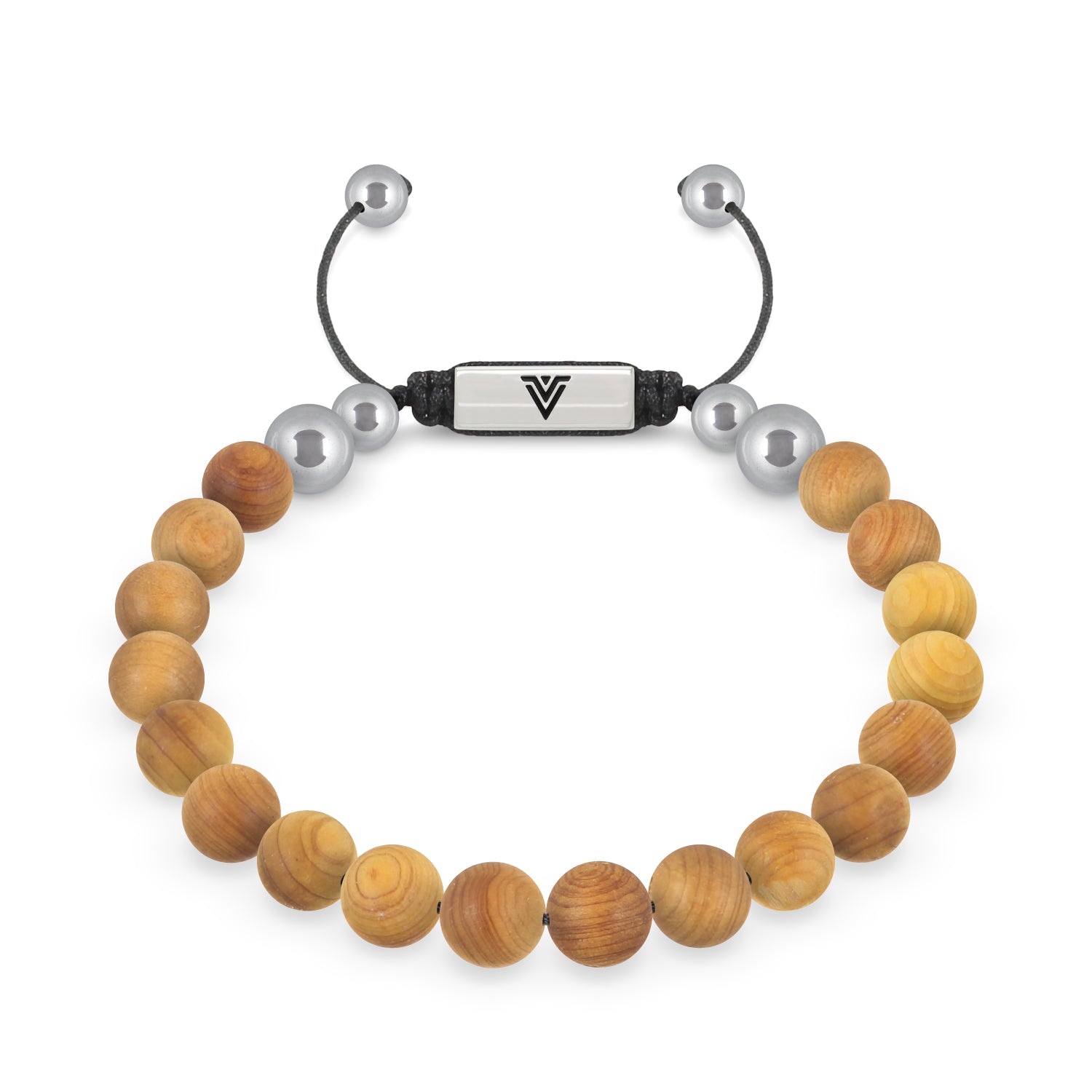 Front view of an 8mm Sandalwood beaded shamballa bracelet with silver stainless steel logo bead made by Voltlin