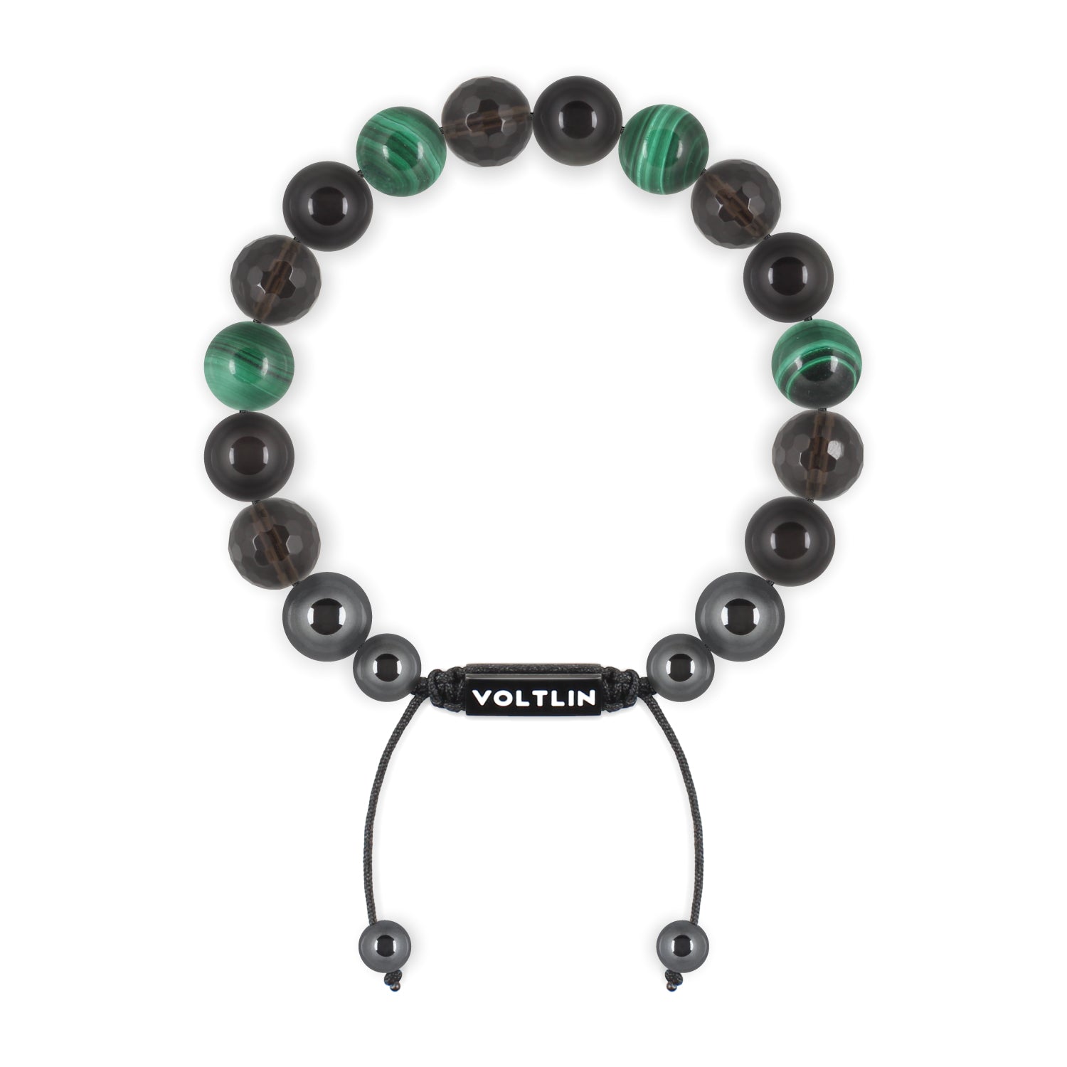 Top view of a 10mm Scorpio Zodiac crystal beaded shamballa bracelet with black stainless steel logo bead made by Voltlin