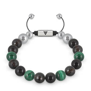 Front view of a 10mm Scorpio Zodiac beaded shamballa bracelet featuring Faceted Smoky Quartz, Black Obsidian, & Malachite crystal and silver stainless steel logo bead made by Voltlin