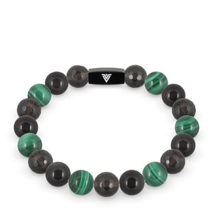 Front view of a 10mm Scorpio Zodiac crystal beaded stretch bracelet with black stainless steel logo bead made by Voltlin