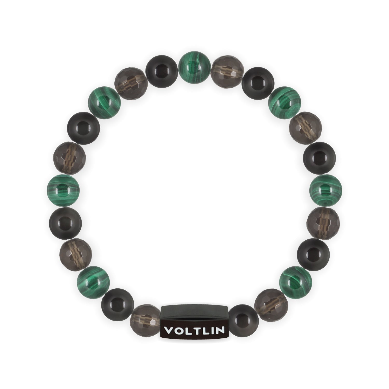 Front view of an 8mm Scorpio Zodiac crystal beaded stretch bracelet with black stainless steel logo bead made by Voltlin