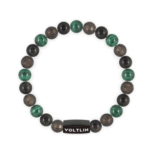 Top view of an 8mm Scorpio Zodiac crystal beaded stretch bracelet with black stainless steel logo bead made by Voltlin