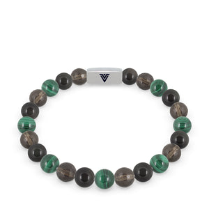 Front view of an 8mm Scorpio Zodiac beaded stretch bracelet featuring Faceted Smoky Quartz, Black Obsidian, & Malachite crystal and silver stainless steel logo bead made by Voltlin