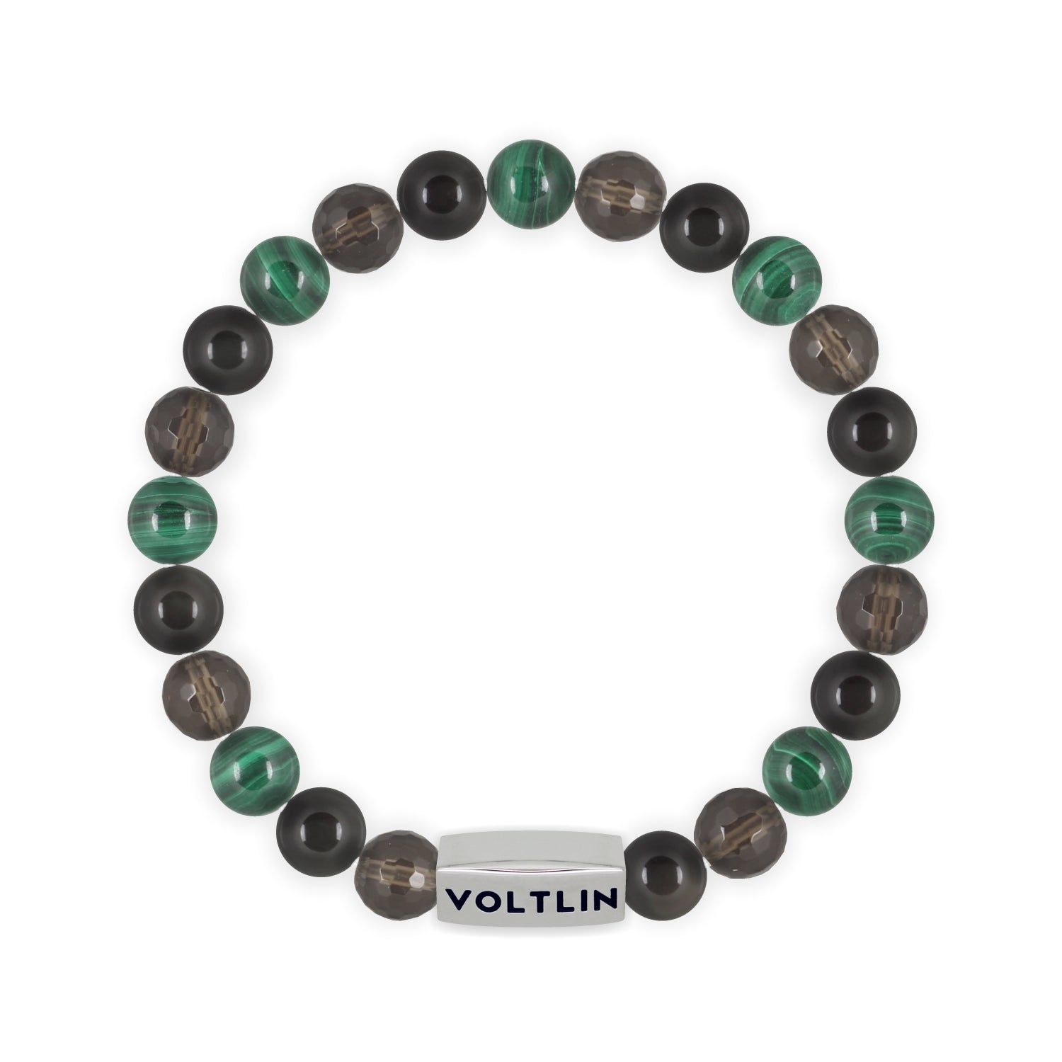 Top view of an 8mm Scorpio Zodiac beaded stretch bracelet featuring Faceted Smoky Quartz, Black Obsidian, & Malachite crystal and silver stainless steel logo bead made by Voltlin