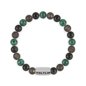 Top view of an 8mm Scorpio Zodiac beaded stretch bracelet featuring Faceted Smoky Quartz, Black Obsidian, & Malachite crystal and silver stainless steel logo bead made by Voltlin