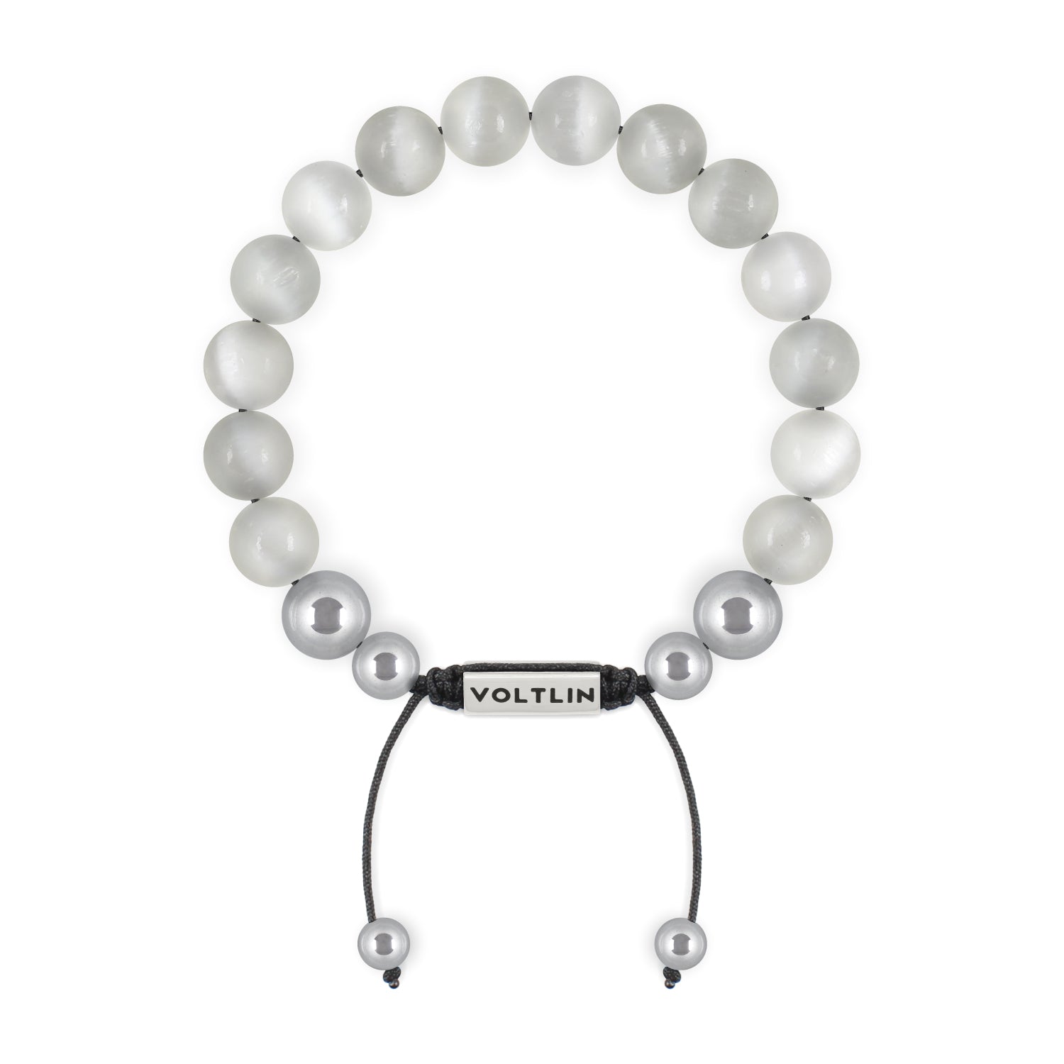 Top view of a 10mm Selenite beaded shamballa bracelet with silver stainless steel logo bead made by Voltlin