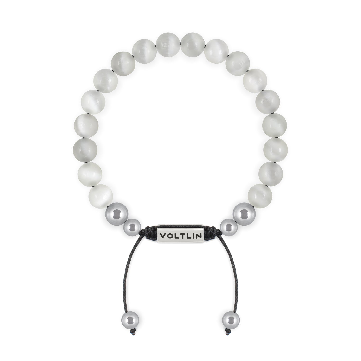 Top view of an 8mm Selenite beaded shamballa bracelet with silver stainless steel logo bead made by Voltlin