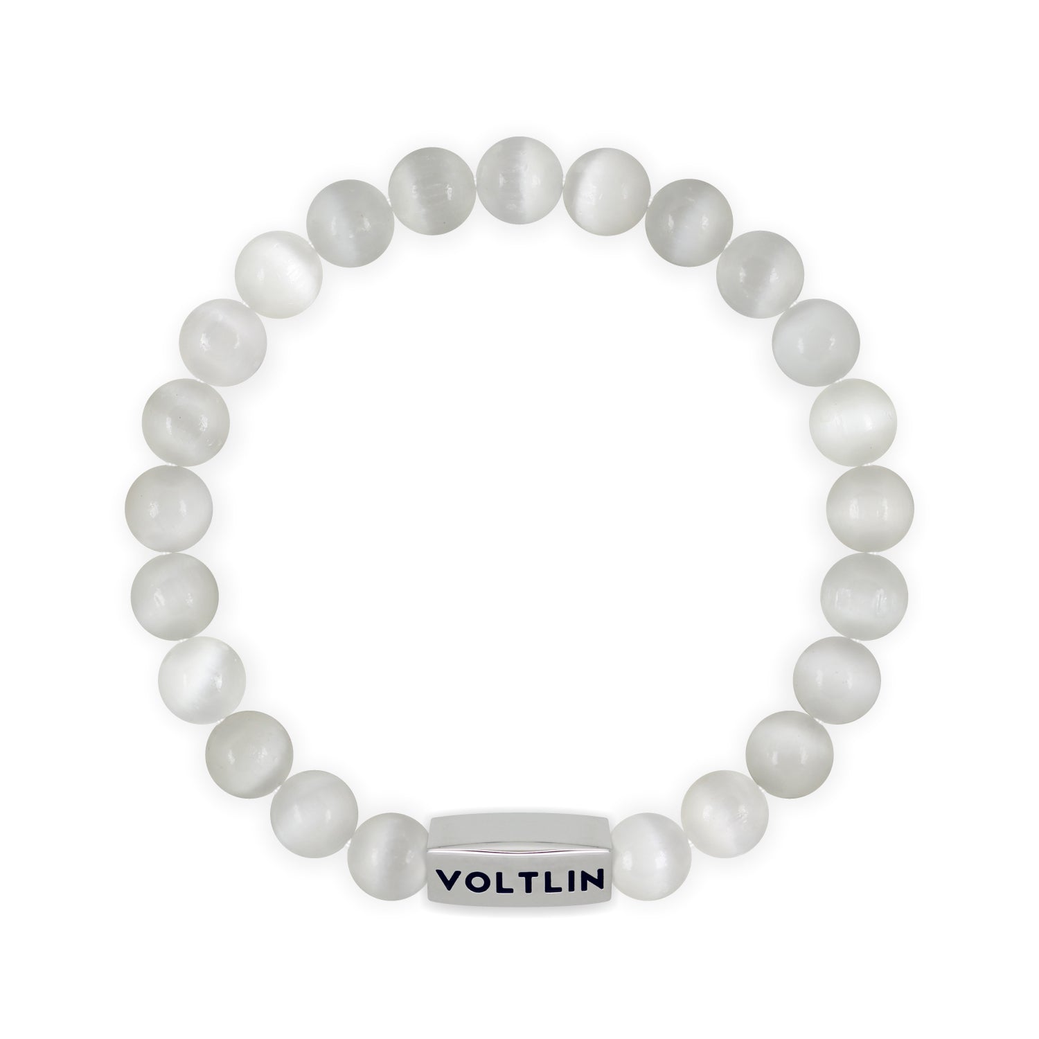 Front view of an 8mm Selenite beaded stretch bracelet with silver stainless steel logo bead made by Voltlin