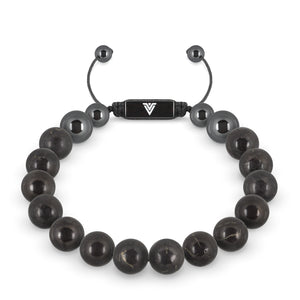Front view of a 10mm Shungite crystal beaded shamballa bracelet with black stainless steel logo bead made by Voltlin