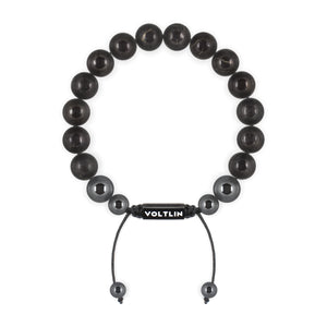 Top view of a 10mm Shungite crystal beaded shamballa bracelet with black stainless steel logo bead made by Voltlin