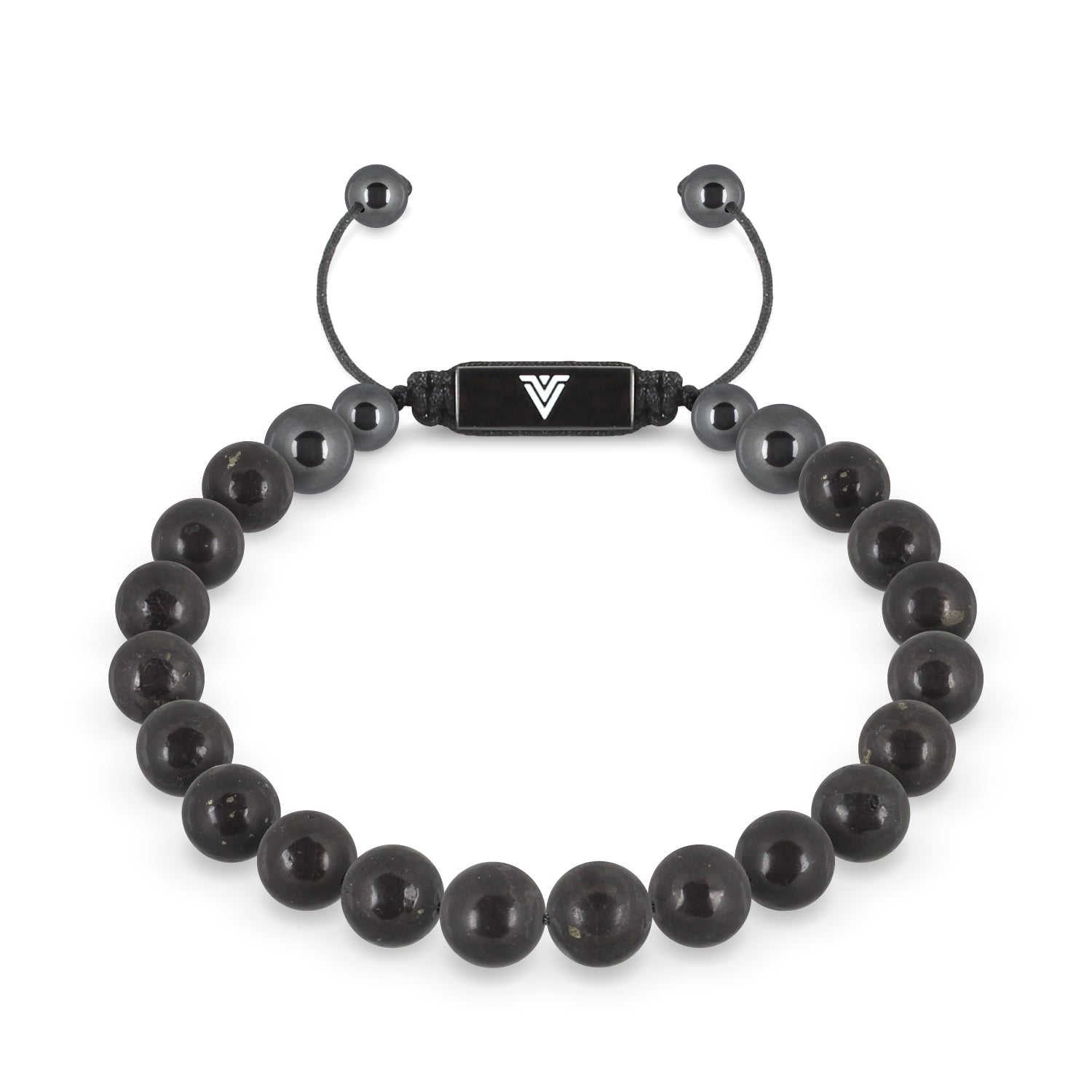 Front view of an 8mm Shungite crystal beaded shamballa bracelet with black stainless steel logo bead made by Voltlin