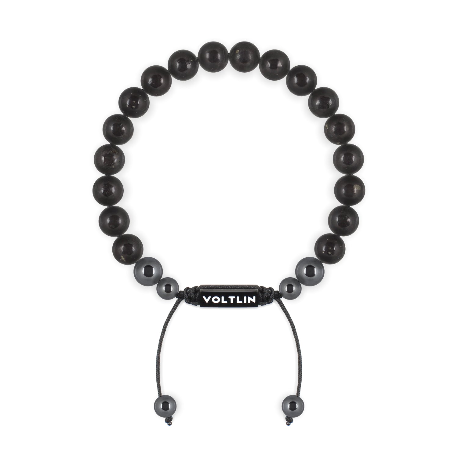 Top view of an 8mm Shungite crystal beaded shamballa bracelet with black stainless steel logo bead made by Voltlin
