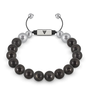 Front view of a 10mm Shungite beaded shamballa bracelet with silver stainless steel logo bead made by Voltlin