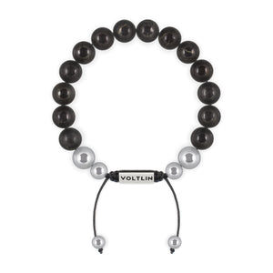 Top view of a 10mm Shungite beaded shamballa bracelet with silver stainless steel logo bead made by Voltlin
