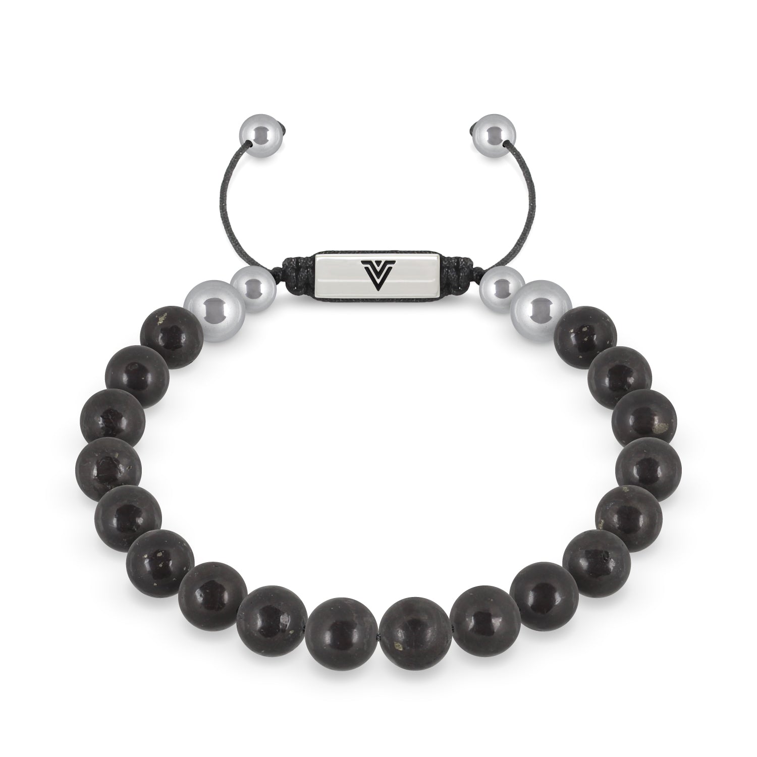 Front view of an 8mm Shungite beaded shamballa bracelet with silver stainless steel logo bead made by Voltlin