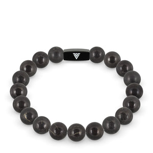 Front view of a 10mm Shungite crystal beaded stretch bracelet with black stainless steel logo bead made by Voltlin