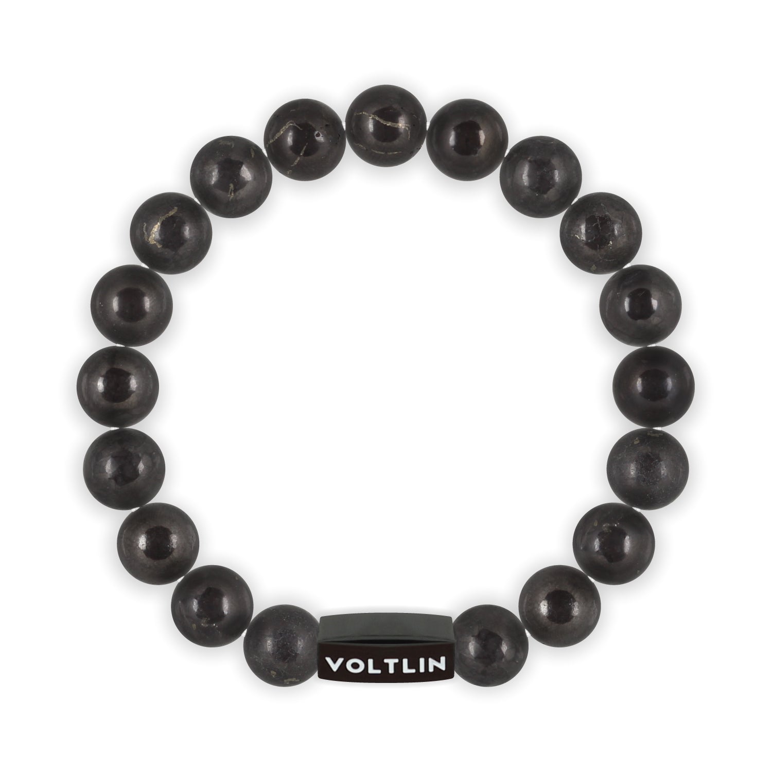 Top view of a 10mm Shungite crystal beaded stretch bracelet with black stainless steel logo bead made by Voltlin