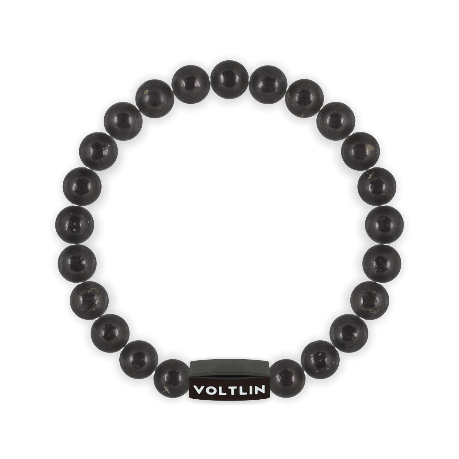 Top view of an 8mm Shungite crystal beaded stretch bracelet with black stainless steel logo bead made by Voltlin