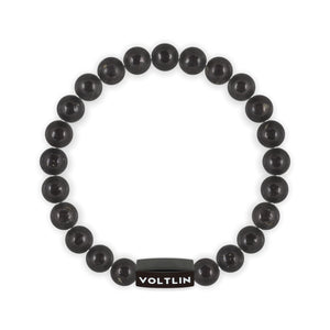 Top view of an 8mm Shungite crystal beaded stretch bracelet with black stainless steel logo bead made by Voltlin