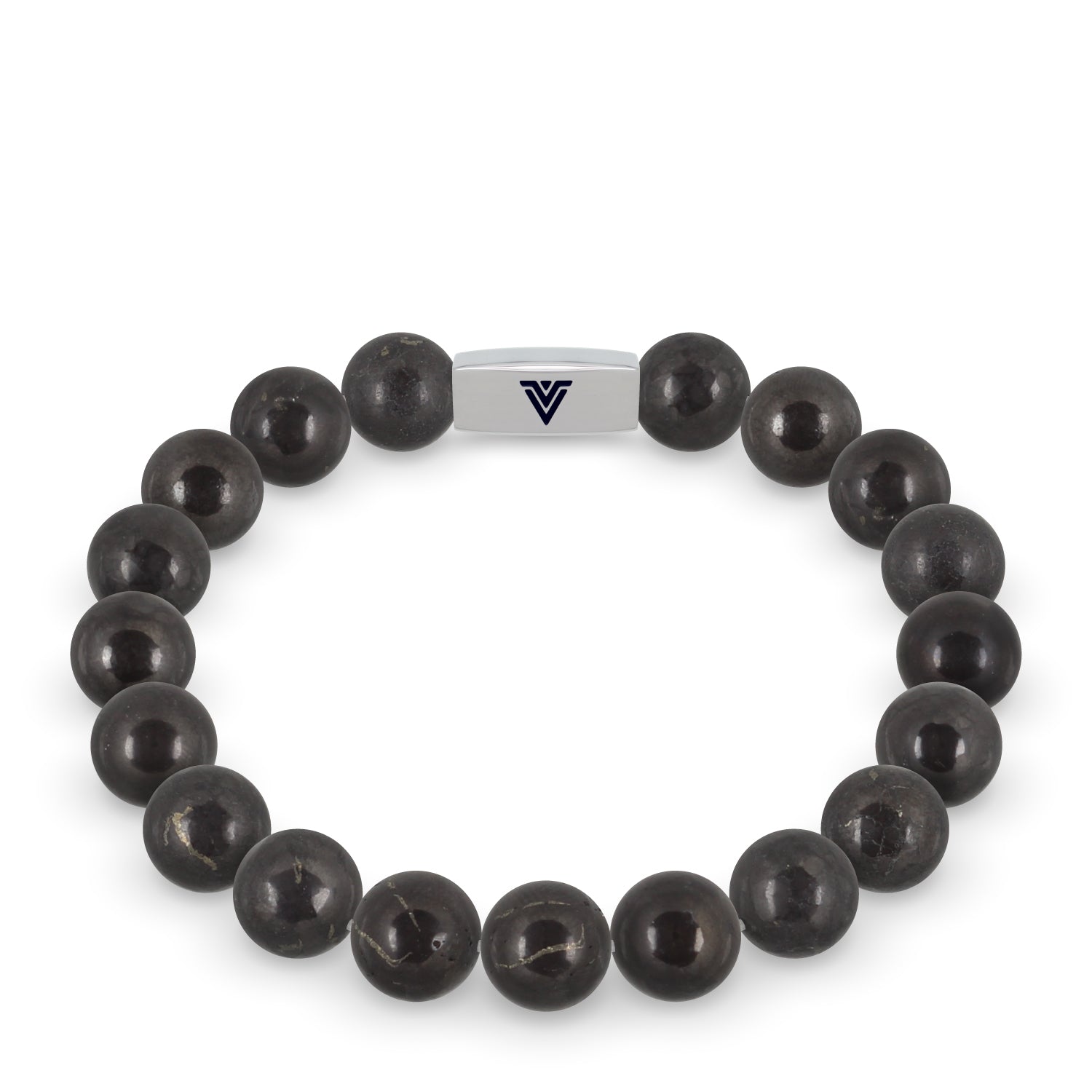 Front view of a 10mm Shungite beaded stretch bracelet with silver stainless steel logo bead made by Voltlin