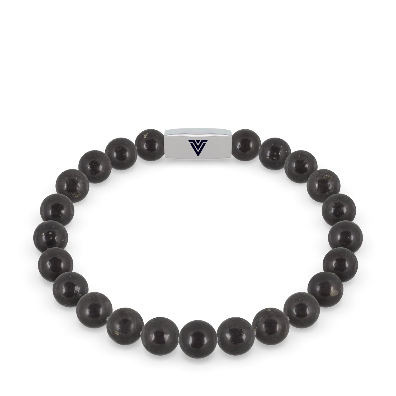 Front view of an 8mm Shungite beaded stretch bracelet with silver stainless steel logo bead made by Voltlin