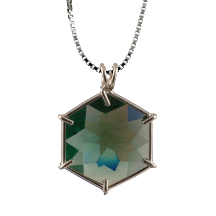 Siberian Green Quartz Flower of Life Chain Pendant Sacred Geometry Crystal Jewelry, Unisex, Sterling Silver, VOLTLIN