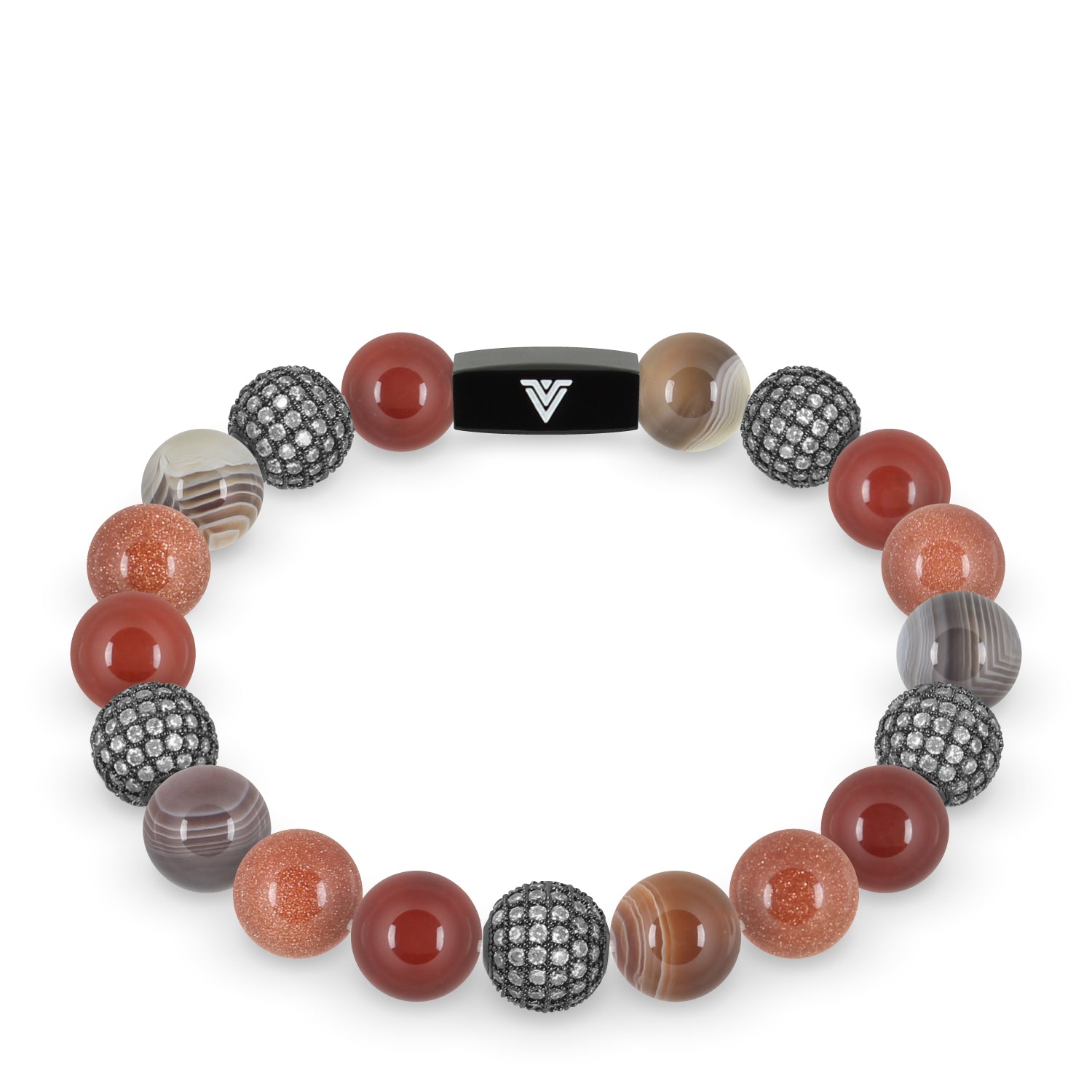 Front view of a 10 mm Sienna Sirius beaded stretch bracelet featuring Carnelian, Steel Pave, Smooth Botswana Agate, & Red Goldstone crystal and black stainless steel logo bead made by Voltlin