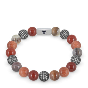 Front view of a 10mm Sienna Sirius beaded stretch bracelet featuring Carnelian, Steel Pave, Smooth Botswana Agate, & Red Goldstone crystal and silver stainless steel logo bead made by Voltlin