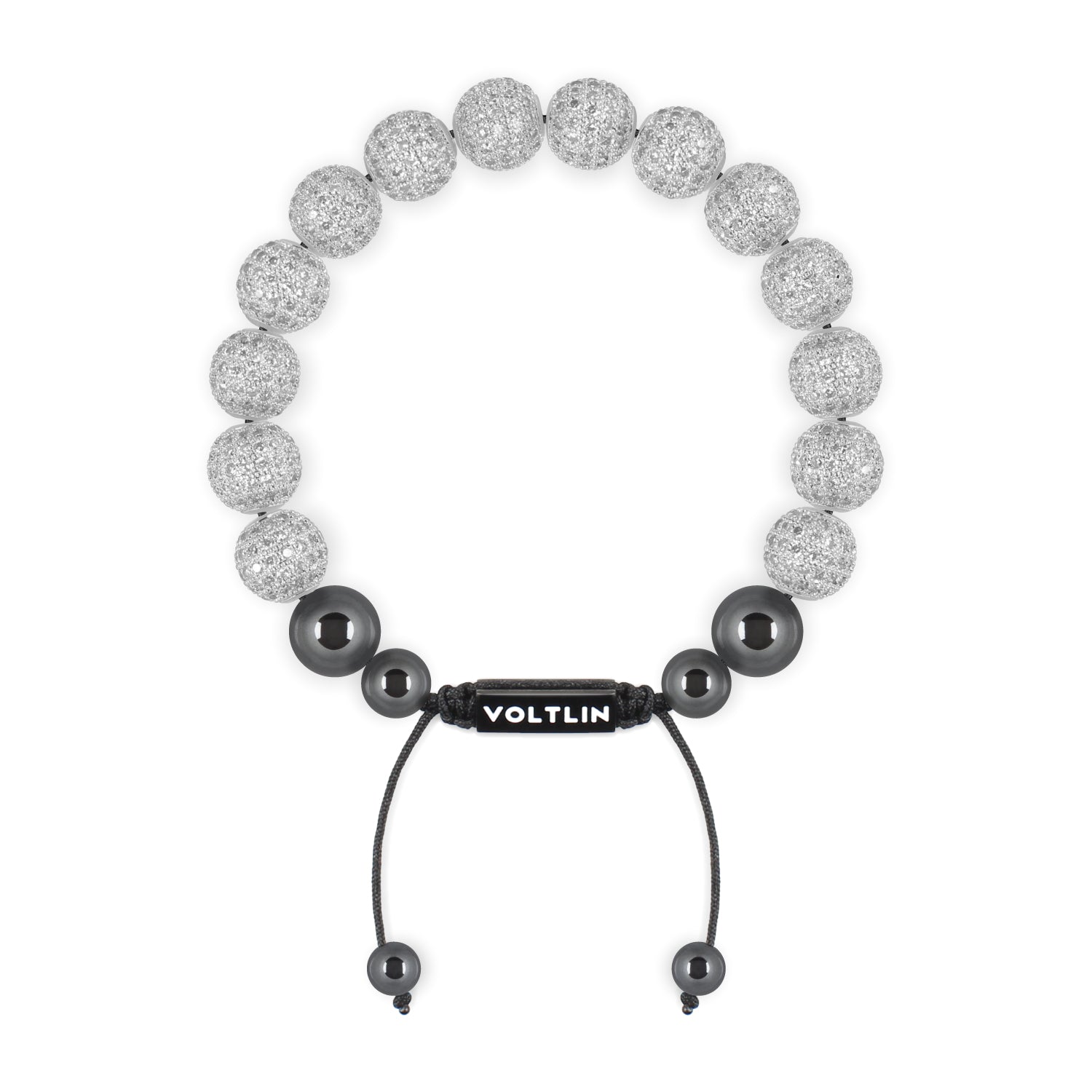 Top view of a 10mm Silver Pave crystal beaded shamballa bracelet with black stainless steel logo bead made by Voltlin