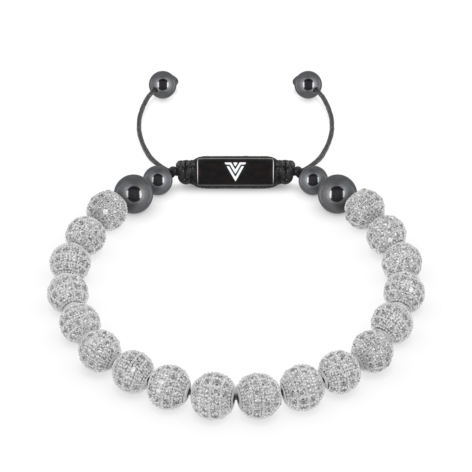 Front view of an 8mm Silver Pave crystal beaded shamballa bracelet with black stainless steel logo bead made by Voltlin