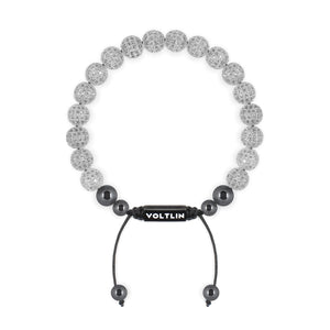 Top view of an 8mm Silver Pave crystal beaded shamballa bracelet with black stainless steel logo bead made by Voltlin