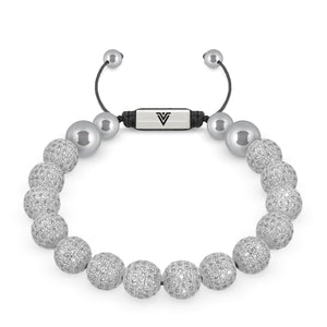 Front view of a 10mm Silver Pave beaded shamballa bracelet with silver stainless steel logo bead made by Voltlin
