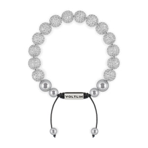 Top view of a 10mm Silver Pave beaded shamballa bracelet with silver stainless steel logo bead made by Voltlin