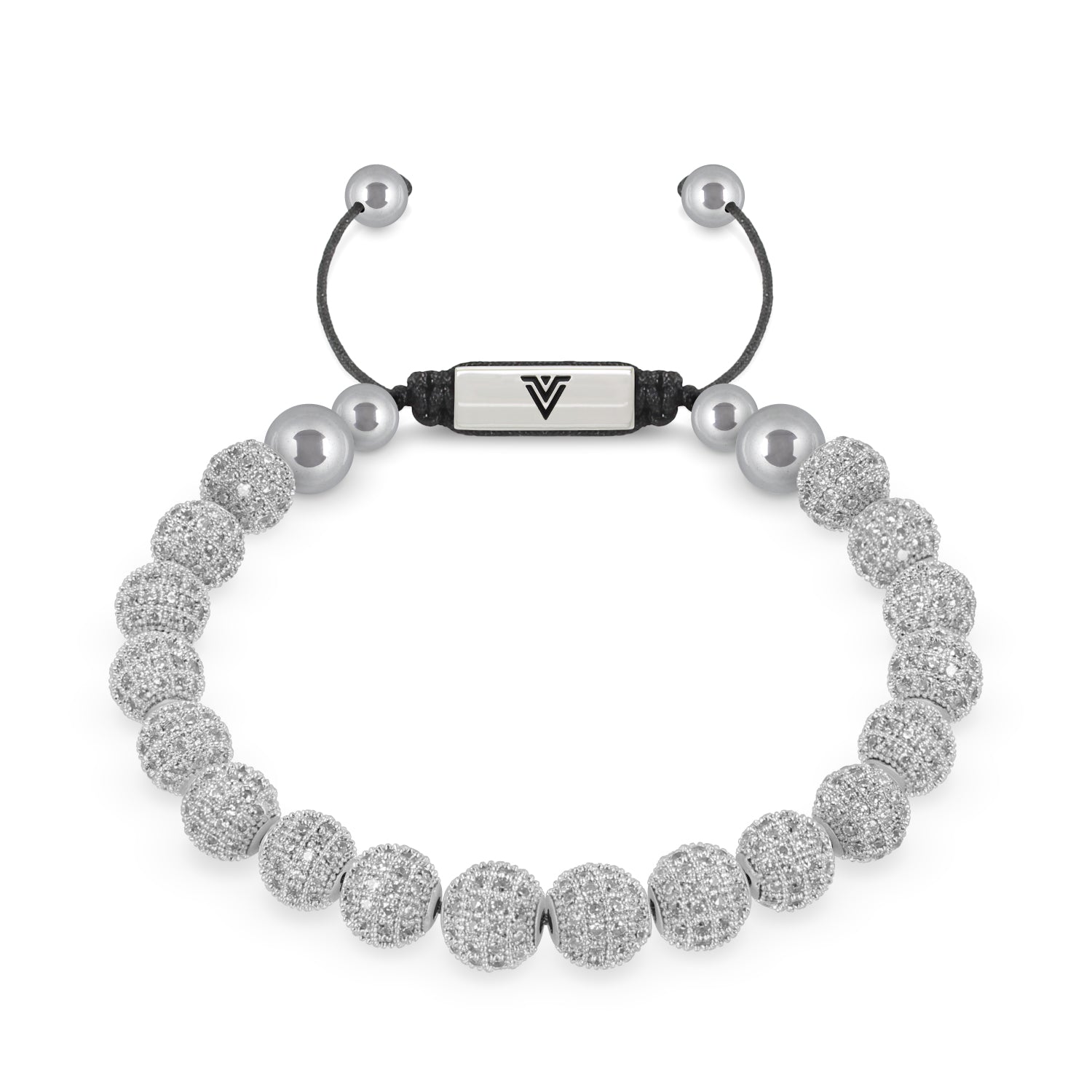 Front view of an 8mm Silver Pave beaded shamballa bracelet with silver stainless steel logo bead made by Voltlin