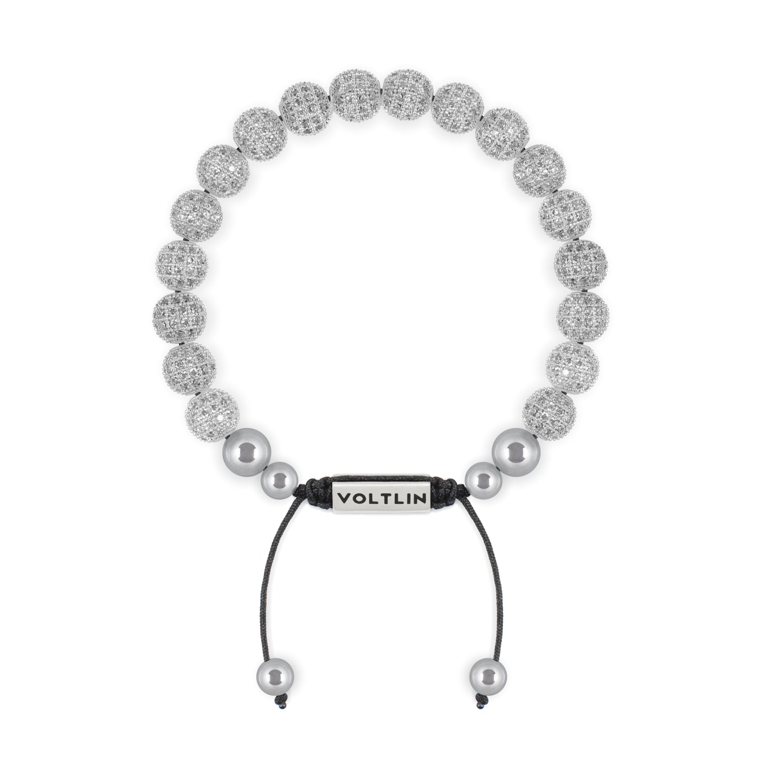Top view of an 8mm Silver Pave beaded shamballa bracelet with silver stainless steel logo bead made by Voltlin
