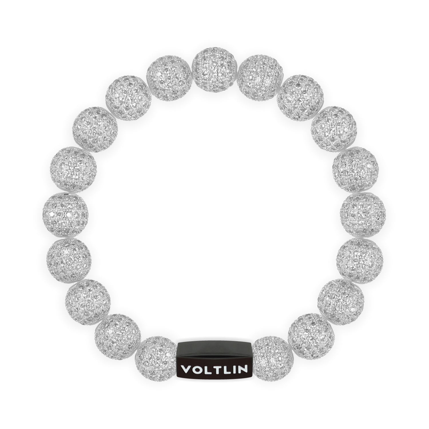 Top view of a 10mm Silver Pave crystal beaded stretch bracelet with black stainless steel logo bead made by Voltlin
