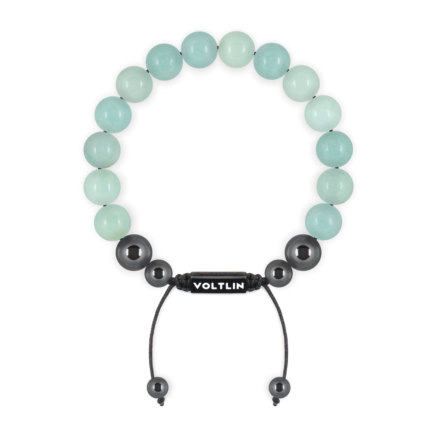Top view of a 10mm Smooth Amazonite crystal beaded shamballa bracelet with black stainless steel logo bead made by Voltlin