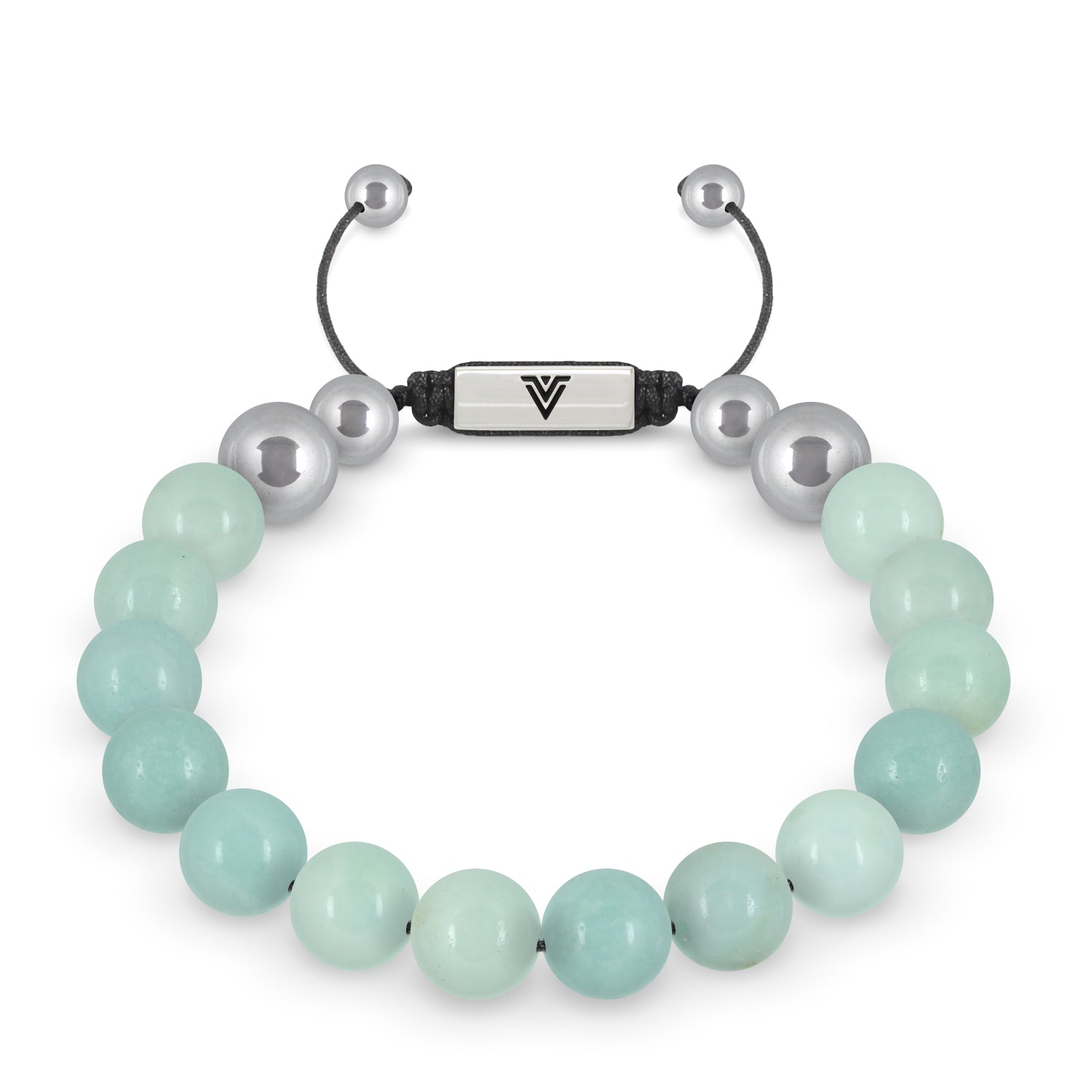 Front view of a 10mm Smooth Amazonite beaded shamballa bracelet with silver stainless steel logo bead made by Voltlin